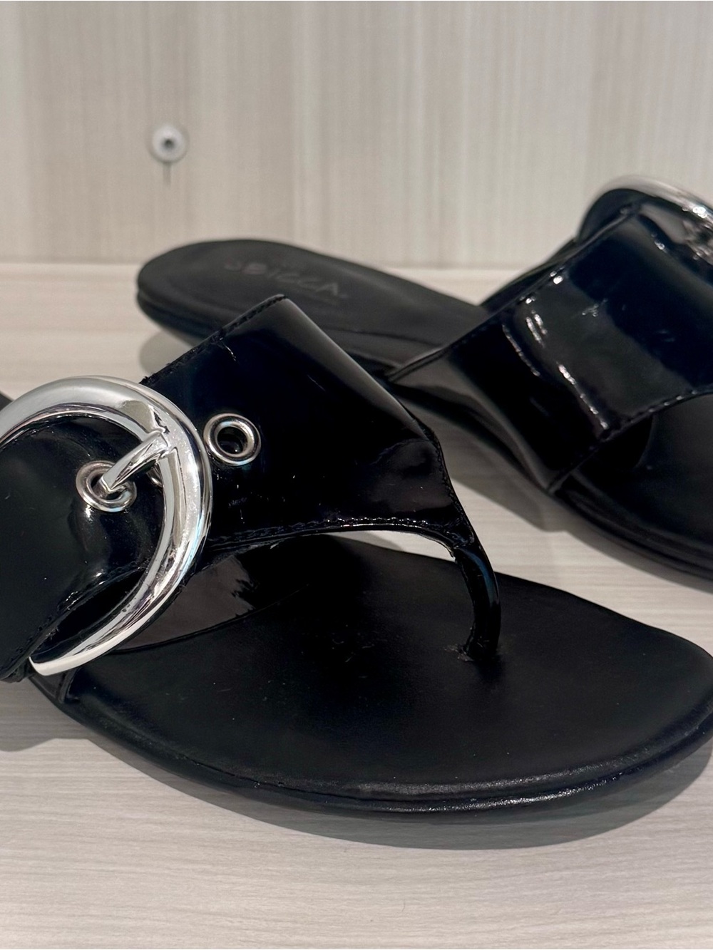 Sbicca Black Patent Slide Sandals with Silver Buckle